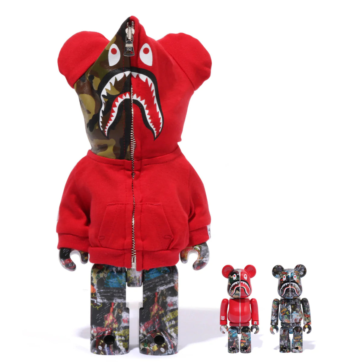 400% & 100% Bearbrick 3 pcs sæt - BAPE(R) LEGACY CAMO SHARK (Red ver.)-Medicom Toy-Bearbrick