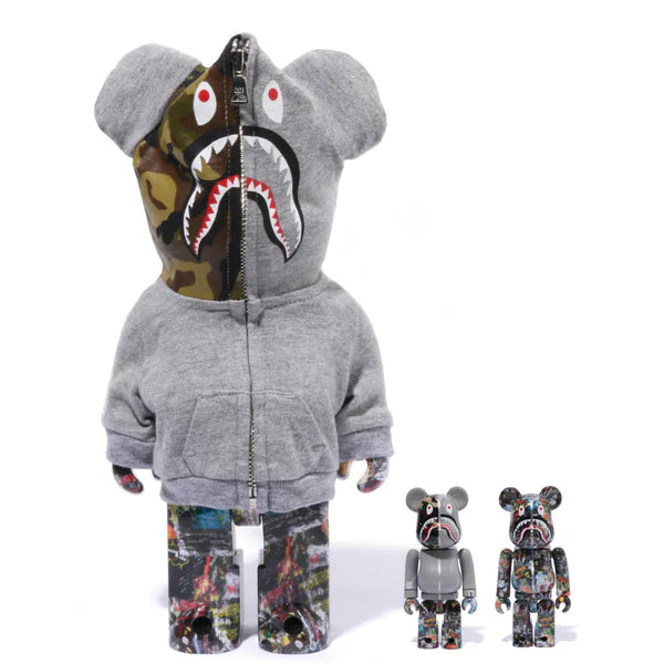 400% & 100% Bearbrick 3 pcs sæt - BAPE(R) LEGACY CAMO SHARK (Grey ver.)-Medicom Toy-Bearbrick