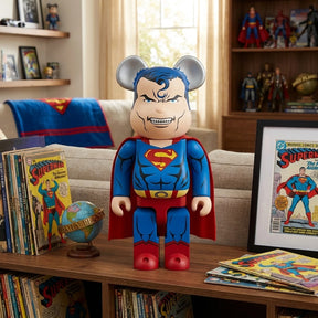 400% & 100% Bearbrick set - Superman (Hush v2) | This statue, on a shelf displayed or in a living room.