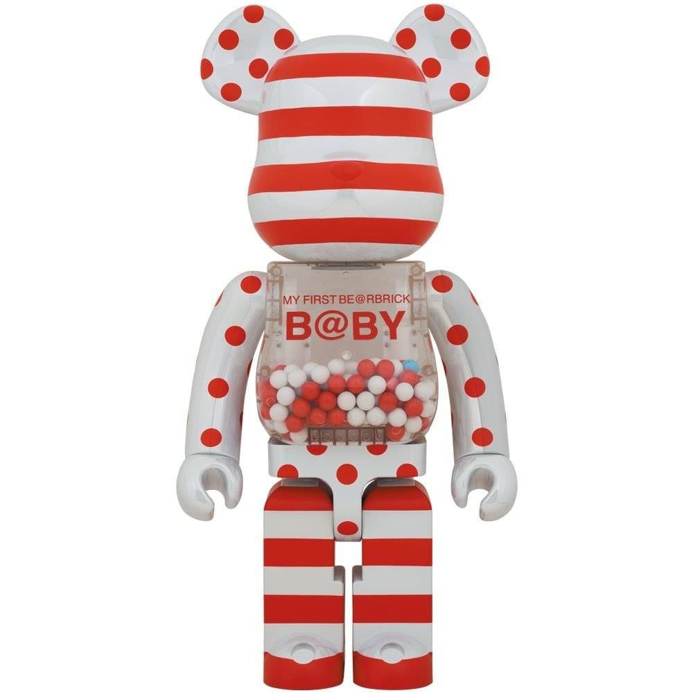 1000% Bearbrick My First Bearbrick Baby BWWT 3 special edition collectible with red and white striped design and transparent belly containing colorful beads.