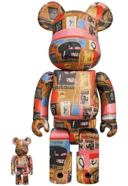 Andy Warhol x Jean-Michel Basquiat Bearbrick set, brown, red, blue design, 400% & 100% sizes.